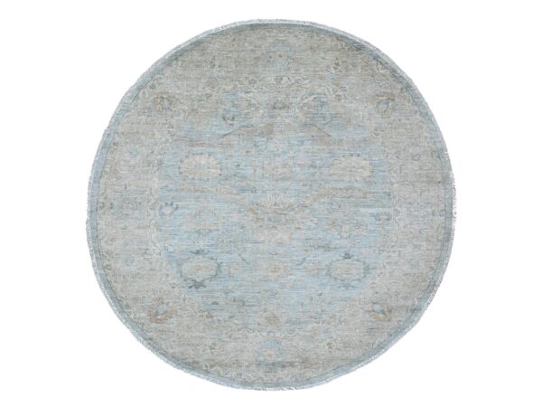 6'3"x6'3" Beau Blue, Peshawar with Ziegler Mahal Design, High Mountain Wool, Washed Out, Denser Weave, Hand Knotted, Round, Oriental Rug HR20341
