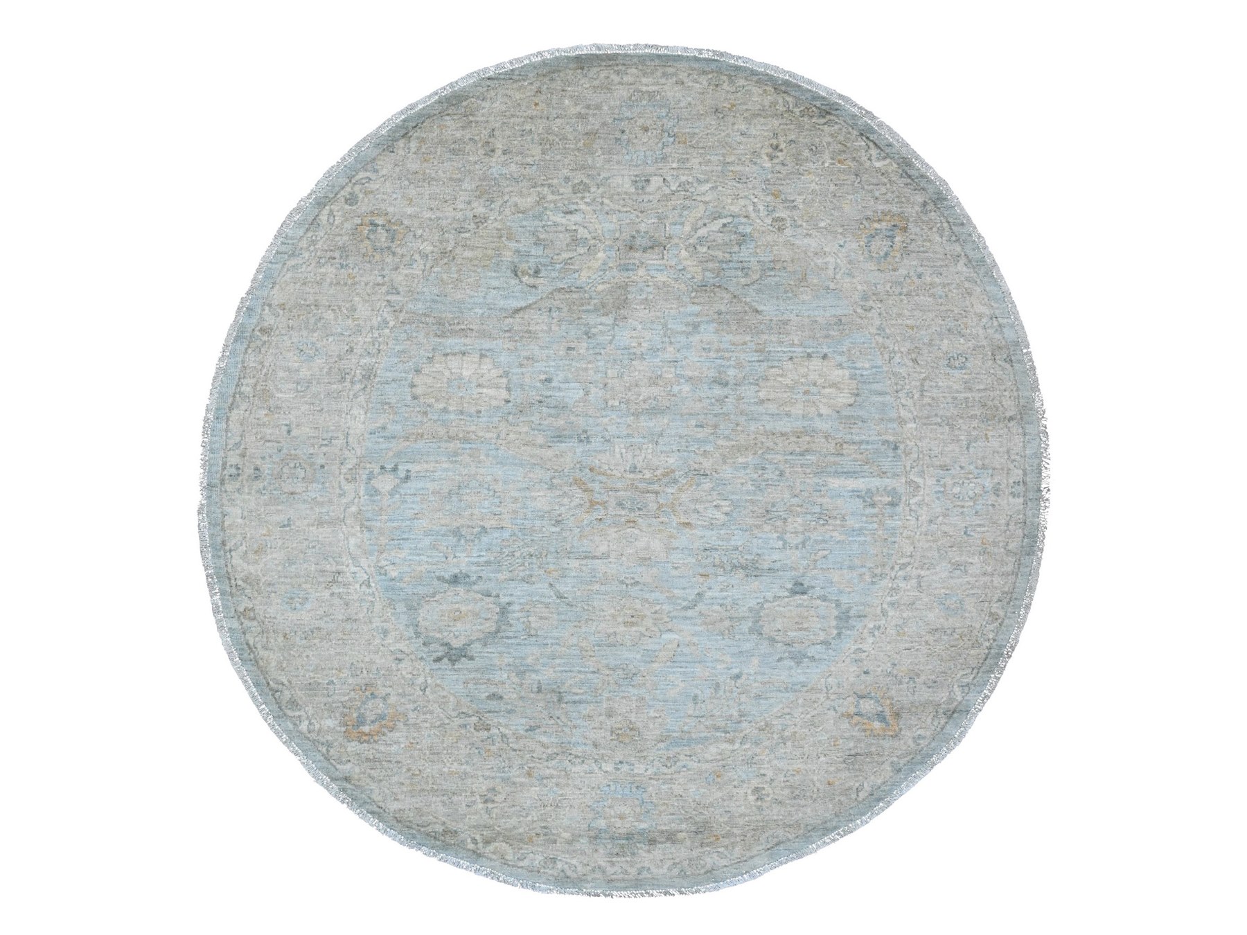 6'3"x6'3" Beau Blue, Peshawar with Ziegler Mahal Design, High Mountain Wool, Washed Out, Denser Weave, Hand Knotted, Round, Oriental Rug HR20341