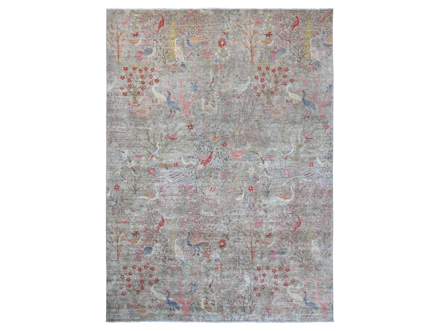 10'x13'8" Medium Gray, Afghan Peshawar with Birds of Paradise Design, Soft and Velvety Wool, Hand Knotted, Vegetable Dyes, Oriental Rug HR20559