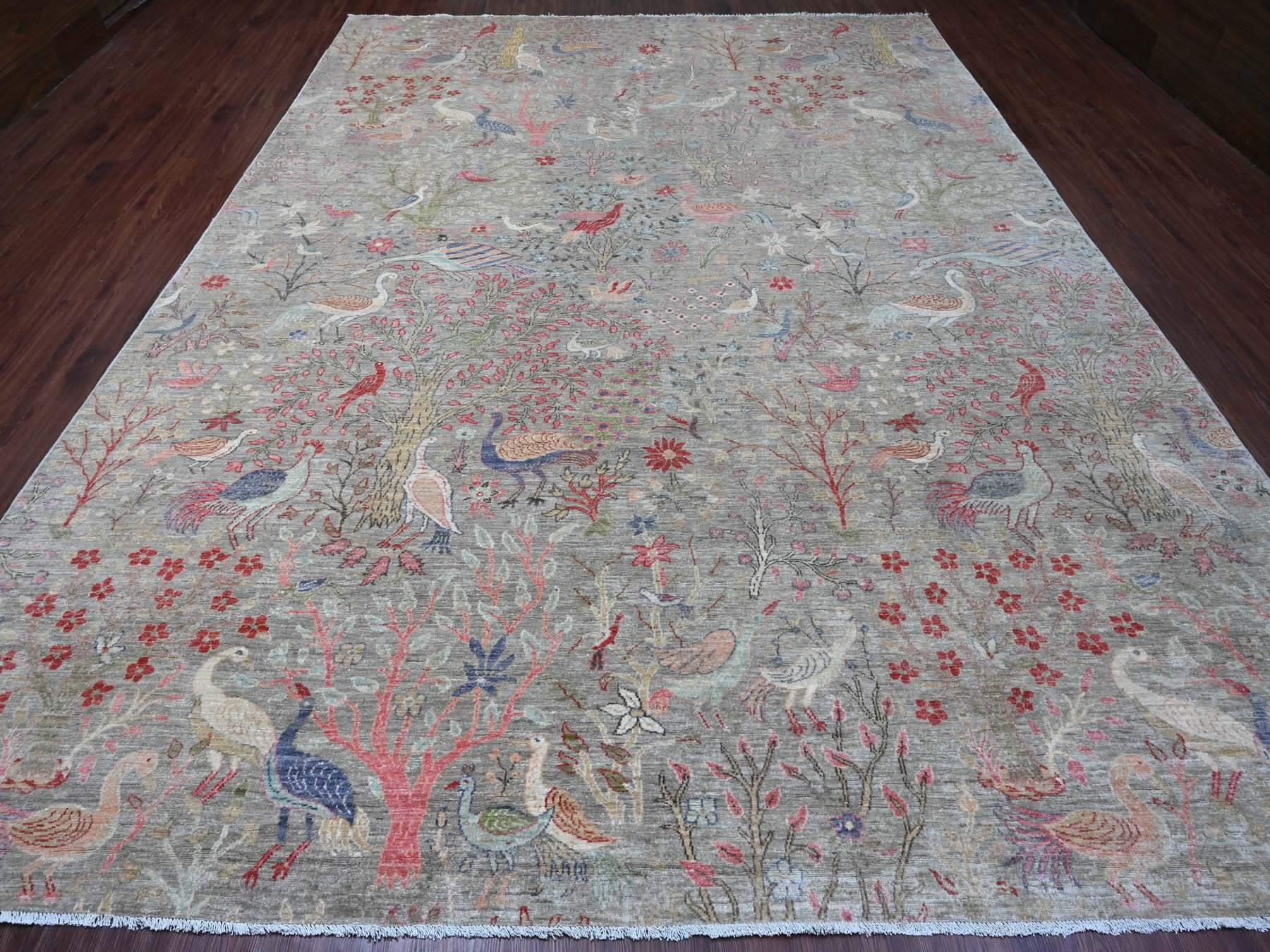 10'x13'8" Medium Gray, Afghan Peshawar with Birds of Paradise Design, Soft and Velvety Wool, Hand Knotted, Vegetable Dyes, Oriental Rug HR20559 - Image 2