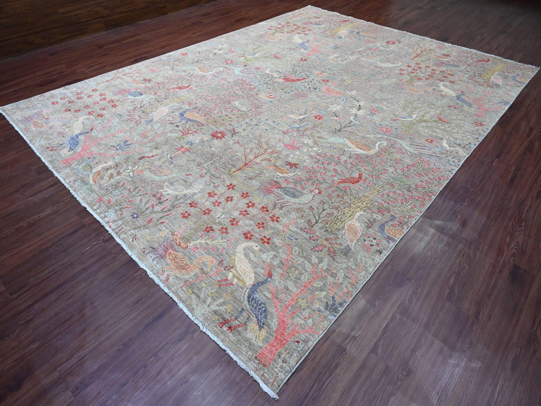 10'x13'8" Medium Gray, Afghan Peshawar with Birds of Paradise Design, Soft and Velvety Wool, Hand Knotted, Vegetable Dyes, Oriental Rug HR20559 - Image 3