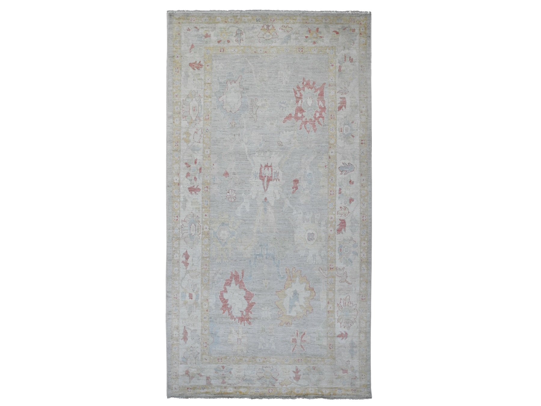 6'2"x11'8" Cloud Gray, Afghan Angora Oushak with Soft Color Leaf Design, Hand Knotted, Veggie Dyes, 100% Wool, Wide Runner, Oriental Rug HR20781