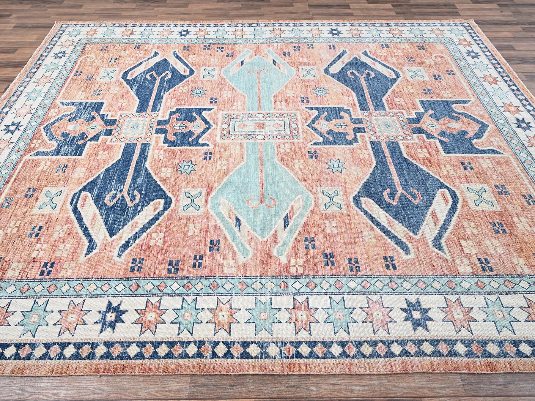 9'x11'9" Peach Color, Turkish Knot, Zero Pile, Sheared Low, Anatolian Village Design, Hand Knotted, Pure Wool, Oriental Rug HR2102 - Image 4