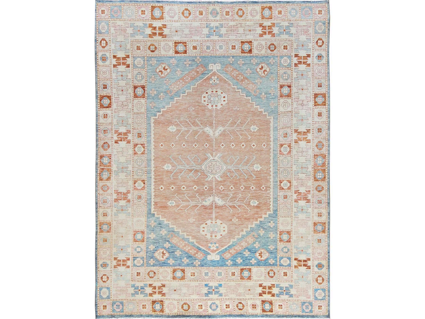 8'10"x11'9" Cantaloupe Orange with Light Blue, Turkish Knot, Sheared Low, Pure Wool, Zero Pile, Anatolian Village Design, Hand Knotted, Oriental Rug HR2104