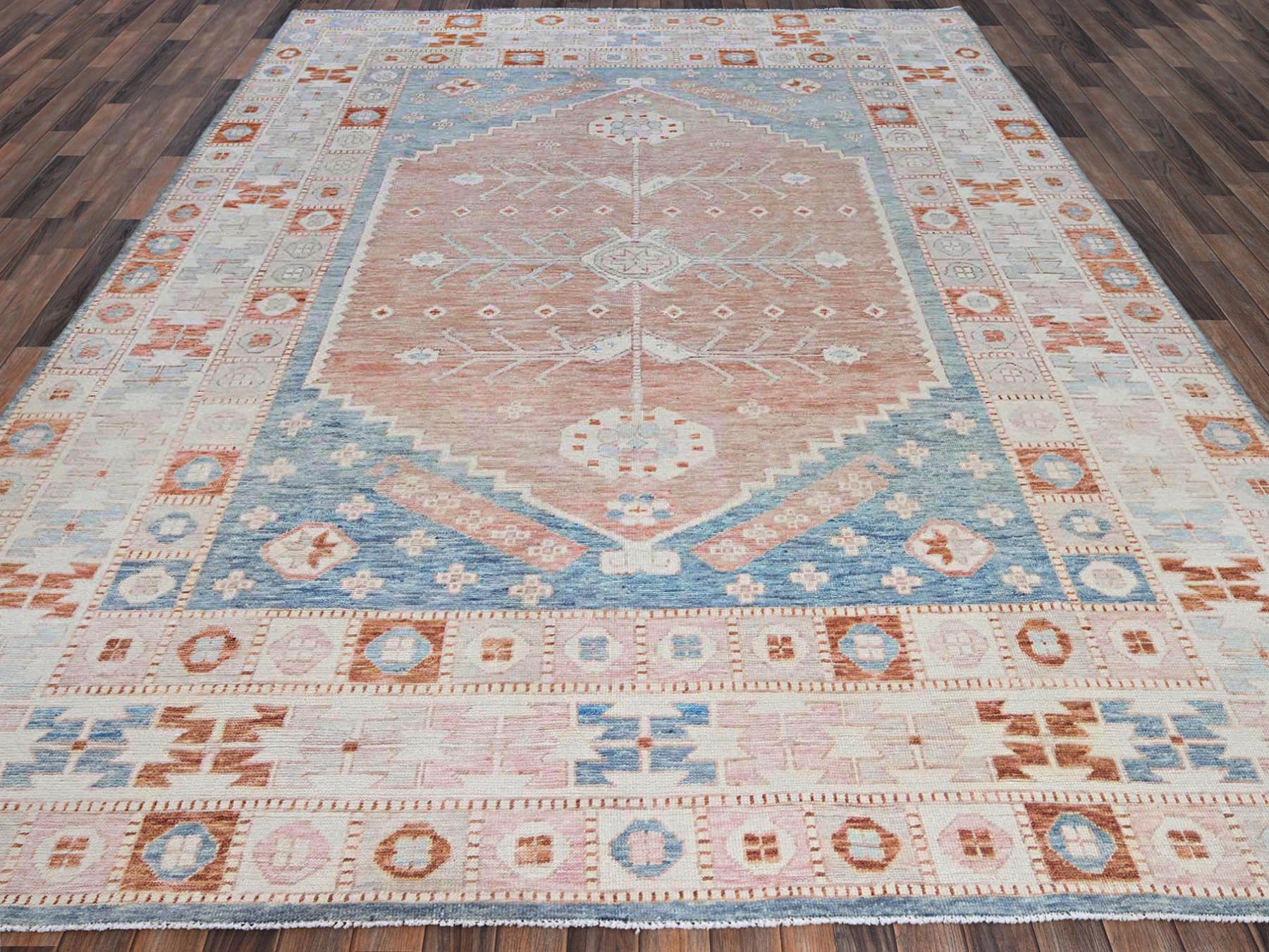 8'10"x11'9" Cantaloupe Orange with Light Blue, Turkish Knot, Sheared Low, Pure Wool, Zero Pile, Anatolian Village Design, Hand Knotted, Oriental Rug HR2104 - Image 2