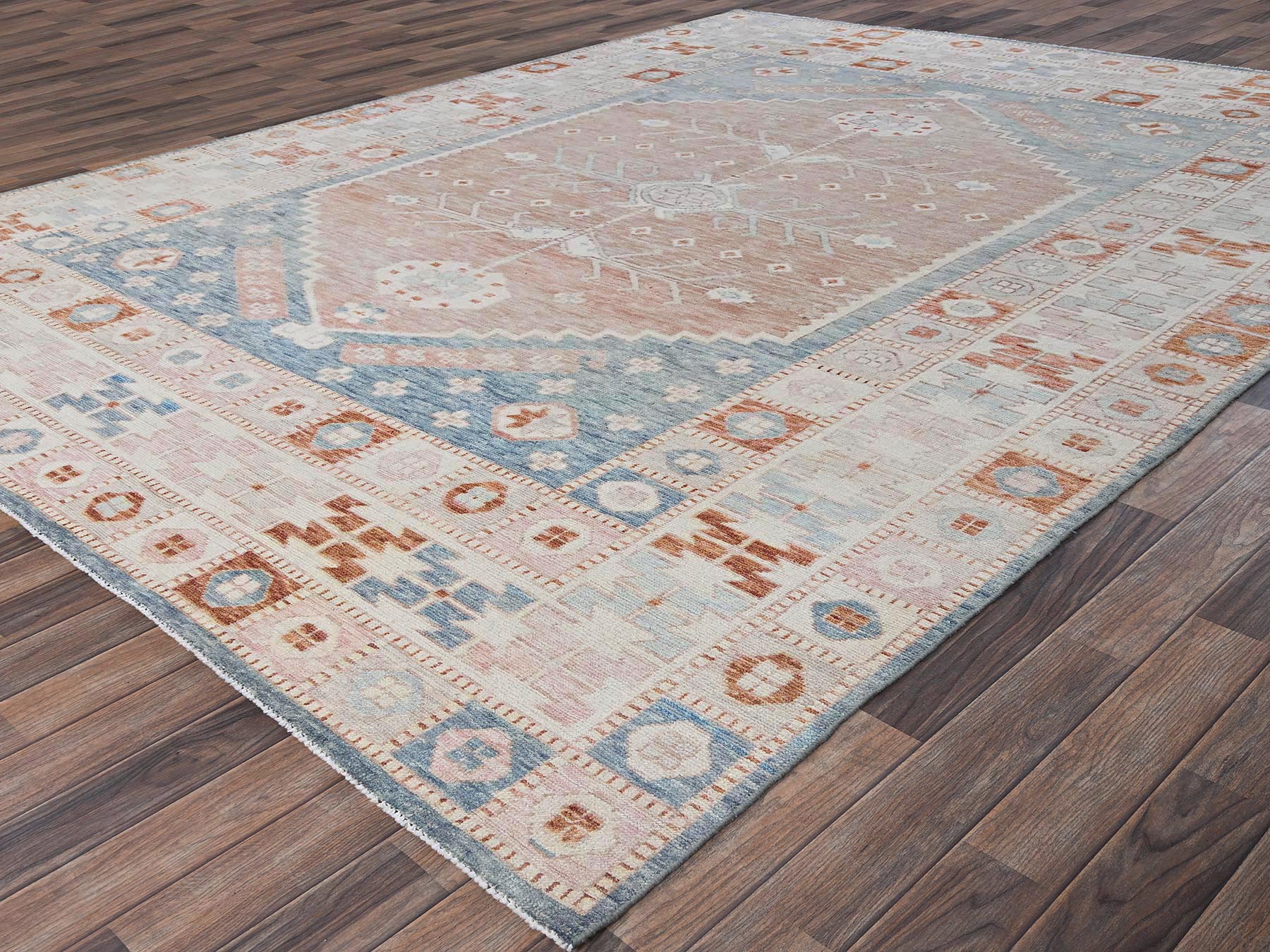 8'10"x11'9" Cantaloupe Orange with Light Blue, Turkish Knot, Sheared Low, Pure Wool, Zero Pile, Anatolian Village Design, Hand Knotted, Oriental Rug HR2104 - Image 3
