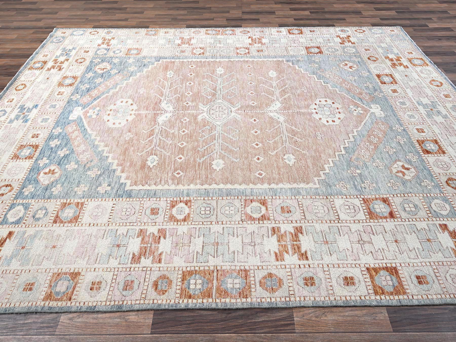8'10"x11'9" Cantaloupe Orange with Light Blue, Turkish Knot, Sheared Low, Pure Wool, Zero Pile, Anatolian Village Design, Hand Knotted, Oriental Rug HR2104 - Image 4