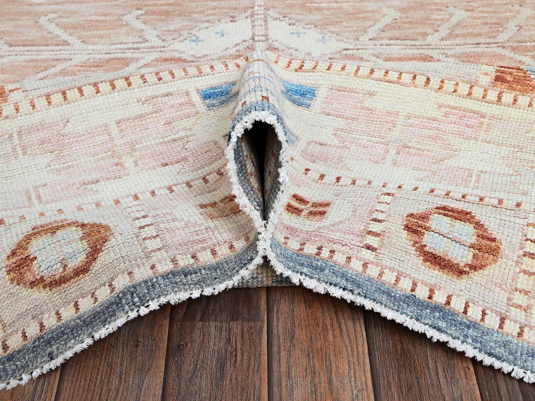 8'10"x11'9" Cantaloupe Orange with Light Blue, Turkish Knot, Sheared Low, Pure Wool, Zero Pile, Anatolian Village Design, Hand Knotted, Oriental Rug HR2104 - Image 6