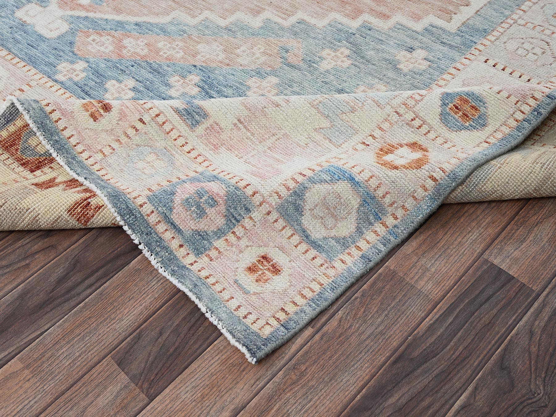 8'10"x11'9" Cantaloupe Orange with Light Blue, Turkish Knot, Sheared Low, Pure Wool, Zero Pile, Anatolian Village Design, Hand Knotted, Oriental Rug HR2104 - Image 7