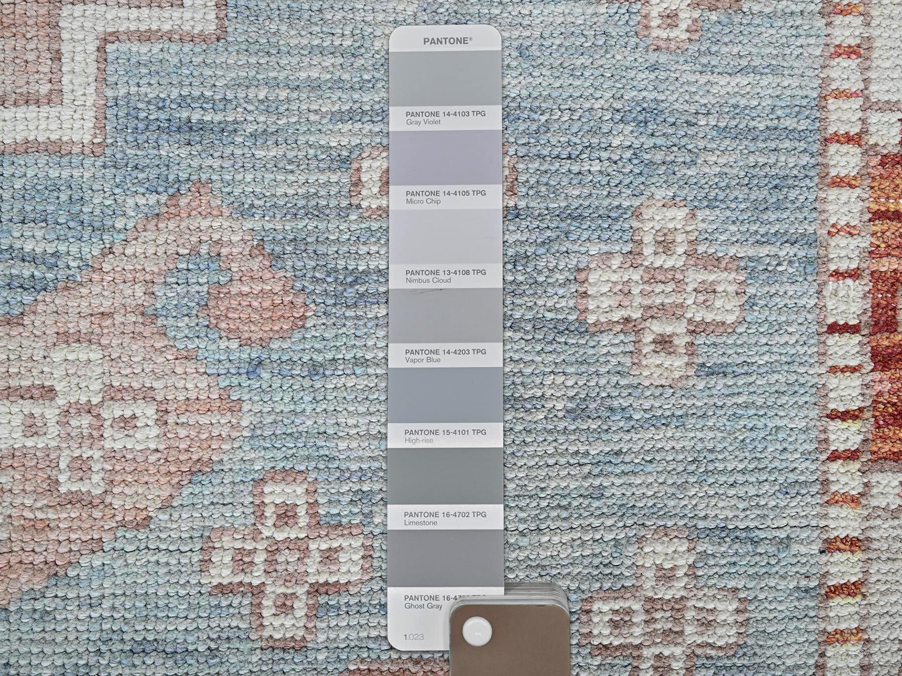 8'10"x11'9" Cantaloupe Orange with Light Blue, Turkish Knot, Sheared Low, Pure Wool, Zero Pile, Anatolian Village Design, Hand Knotted, Oriental Rug HR2104 - Image 8