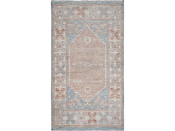 1'9"x3'1" Light Blue with Peach Color, Turkish Knot, Zero Pile, Sheared Low, Anatolian Village Design, Hand Knotted, Pure Wool, Mat, Sample, Oriental RugHRh2116