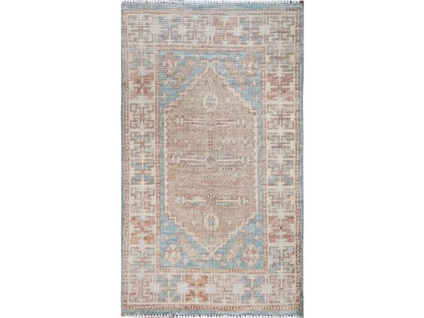 1'9"x3' Cerulean Blue, Anatolian Village Design, Turkish Knot, Zero Pile, Sheared Low, Hand Knotted, Pure Wool, Mat, Sample, Oriental RugHRh2117