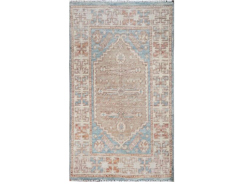 1'9"x3' Cerulean Blue, Anatolian Village Design, Turkish Knot, Zero Pile, Sheared Low, Hand Knotted, Pure Wool, Mat, Sample, Oriental RugHRh2117