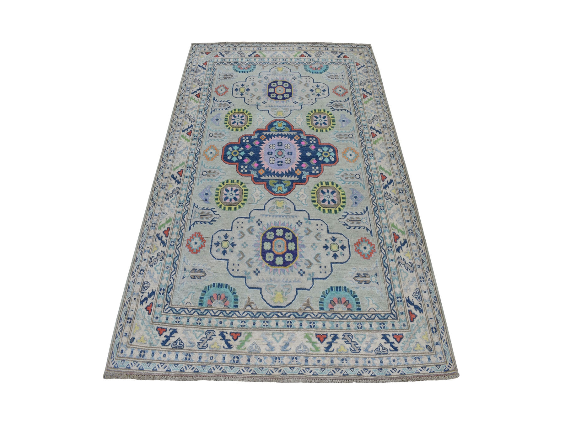 5'1"x6'6" Colorful Gray Fusion Kazak Pure Wool Geometric Design Hand Knotted Oriental Rug HR52400