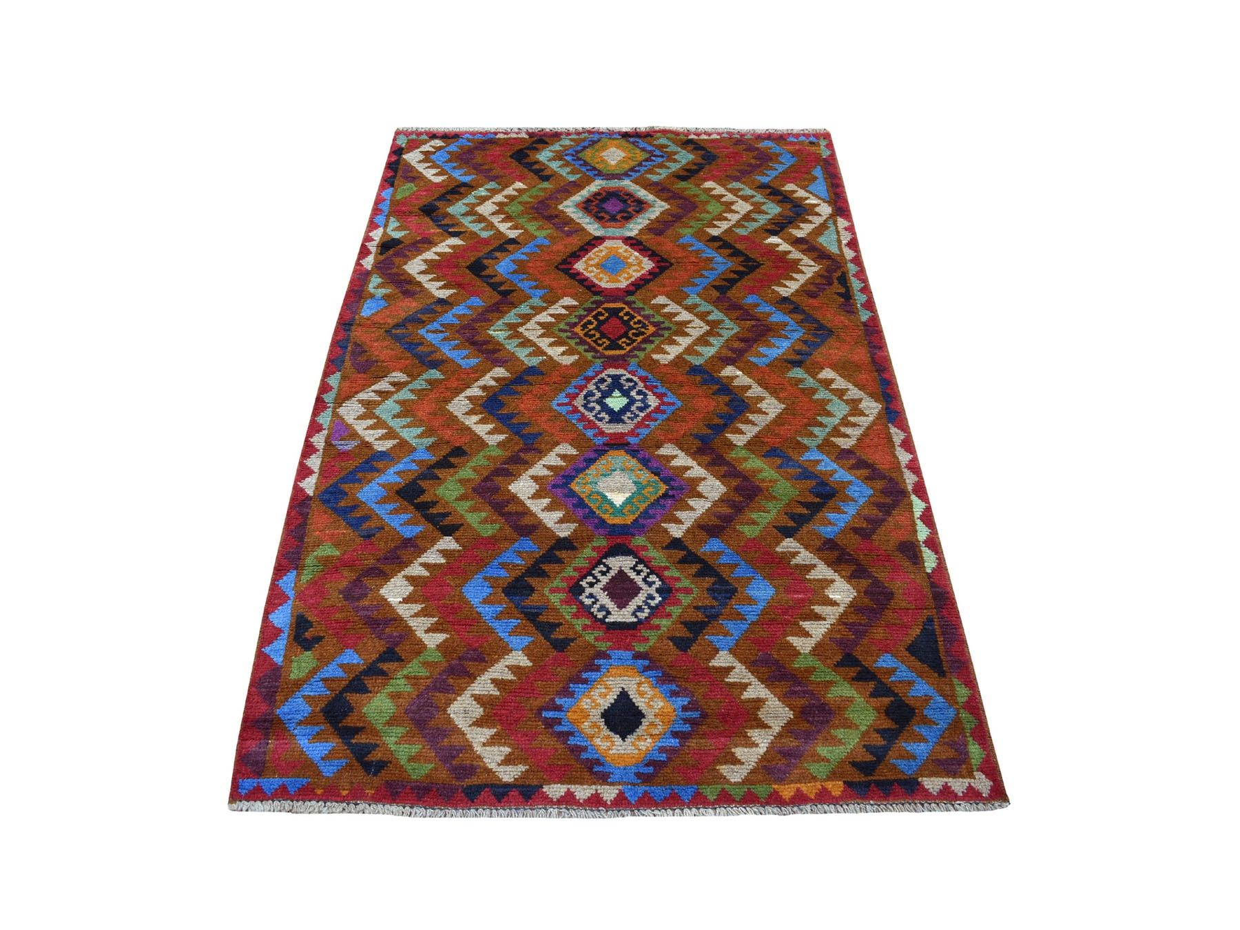 3'9"x6' Brown Hand Knotted Colorful Afghan Baluch Geometric Design Pure Wool Oriental Rug HR53143