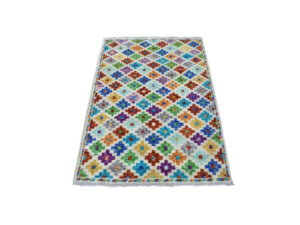 3'6"x4'10" Ivory Hand Knotted Colorful Afghan Baluch Tribal Design Pure Wool Oriental Rug HR53176