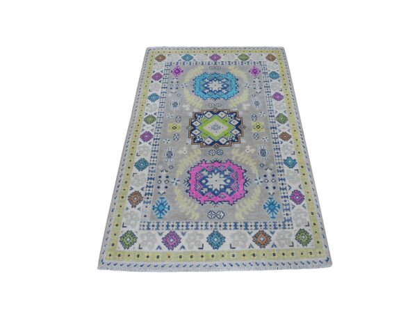 3'3"x5' Colorful Gray Fusion Kazak Pure Wool Geometric Design Hand Knotted Oriental Rug HR53538