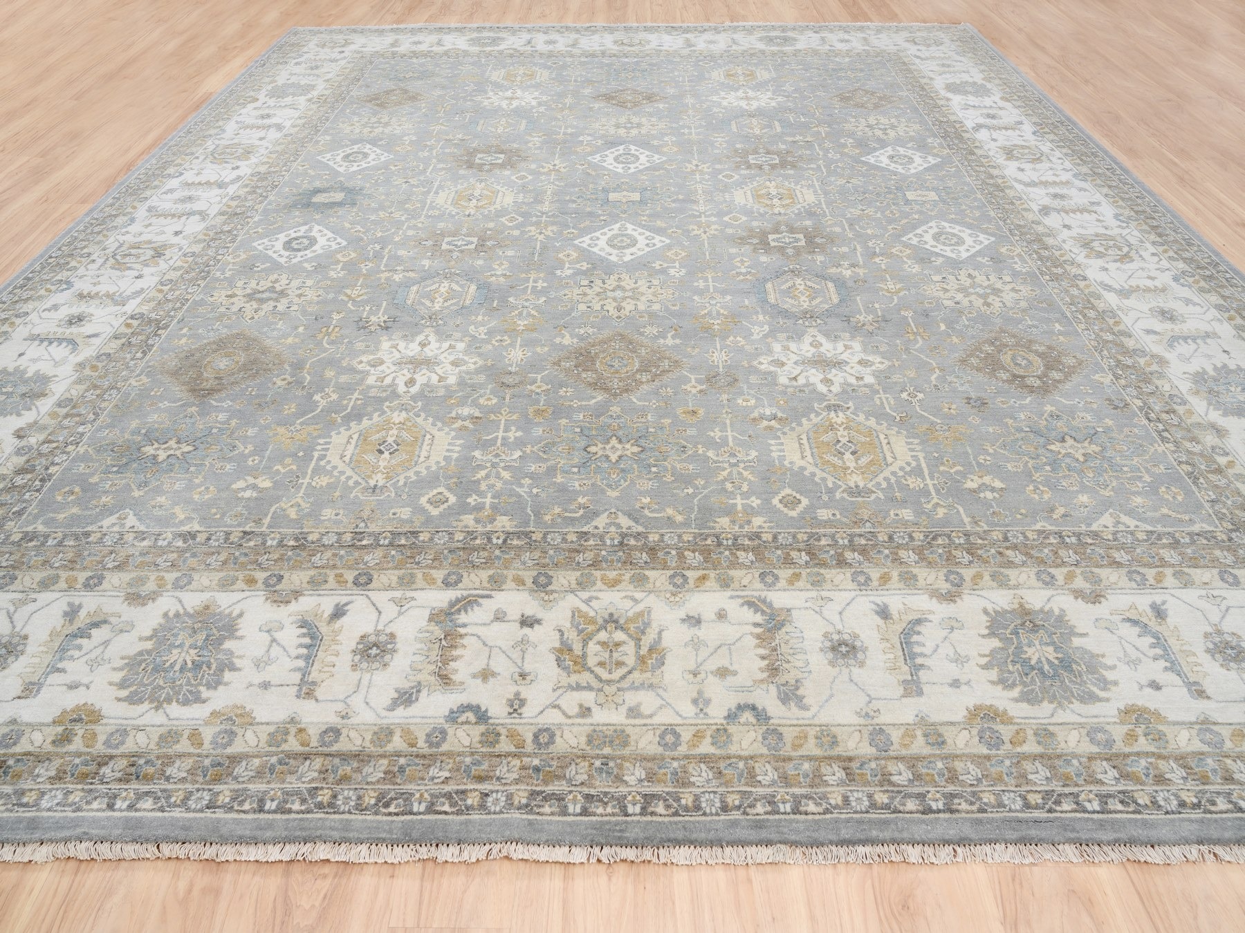 14'x16' Organic Wool Karajeh and Geometric Design Frost Gray Hand Knotted Oriental Oversized Squarish Rug HR63068 - Image 2