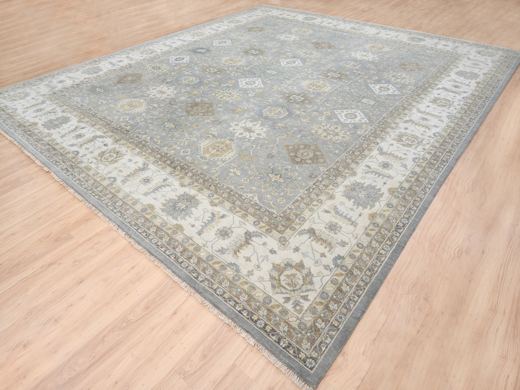 14'x16' Organic Wool Karajeh and Geometric Design Frost Gray Hand Knotted Oriental Oversized Squarish Rug HR63068 - Image 3
