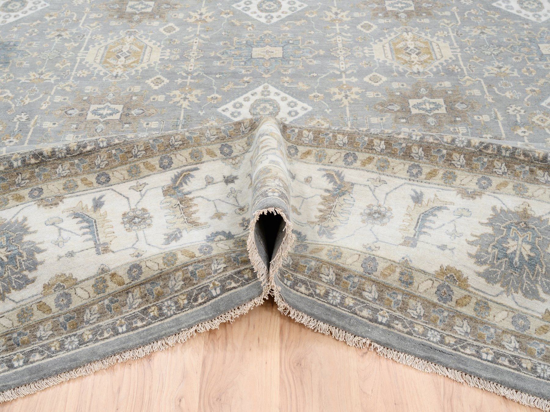14'x16' Organic Wool Karajeh and Geometric Design Frost Gray Hand Knotted Oriental Oversized Squarish Rug HR63068 - Image 5