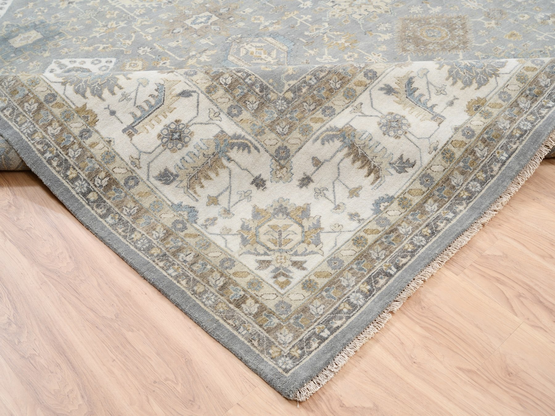 14'x16' Organic Wool Karajeh and Geometric Design Frost Gray Hand Knotted Oriental Oversized Squarish Rug HR63068 - Image 6