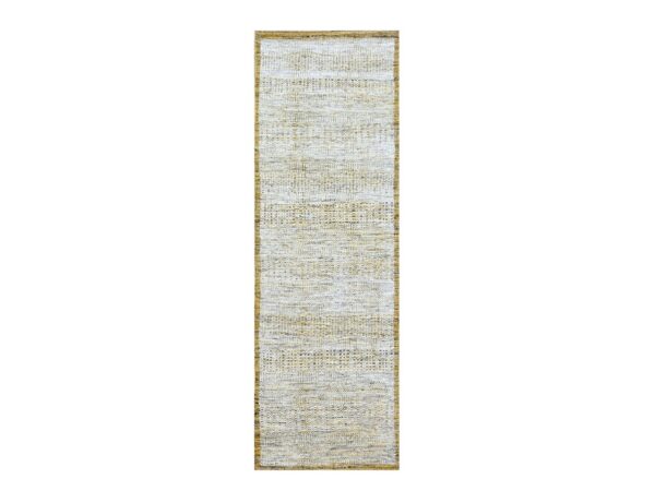 2'7"x6' Golden Yellow, Oxidized and Distressed Grass Design with Exposed Warps, Hand Knotted, Natural 100% Wool, Runner, Oriental Rug HR76248
