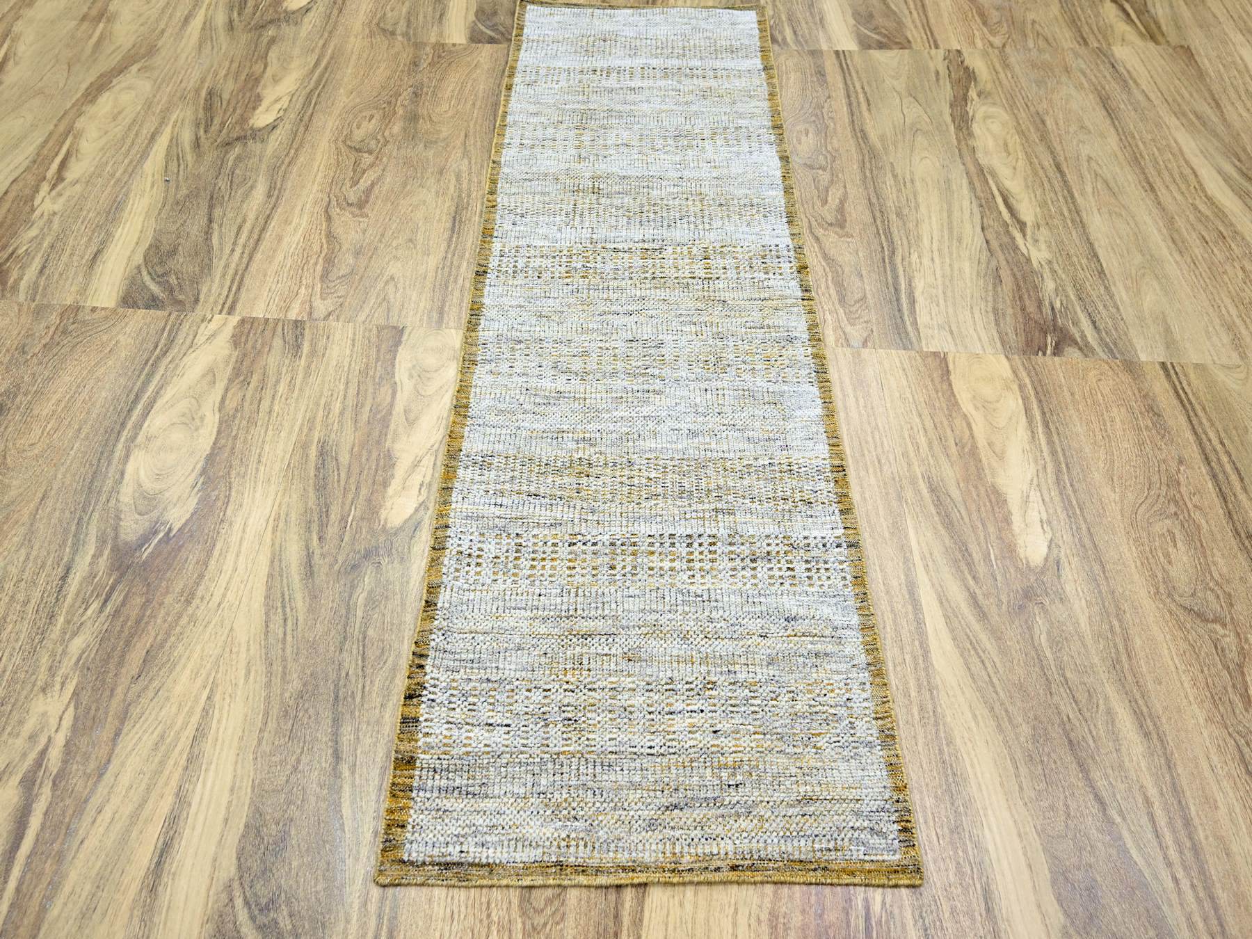 2'7"x6' Golden Yellow, Oxidized and Distressed Grass Design with Exposed Warps, Hand Knotted, Natural 100% Wool, Runner, Oriental Rug HR76248 - Image 2
