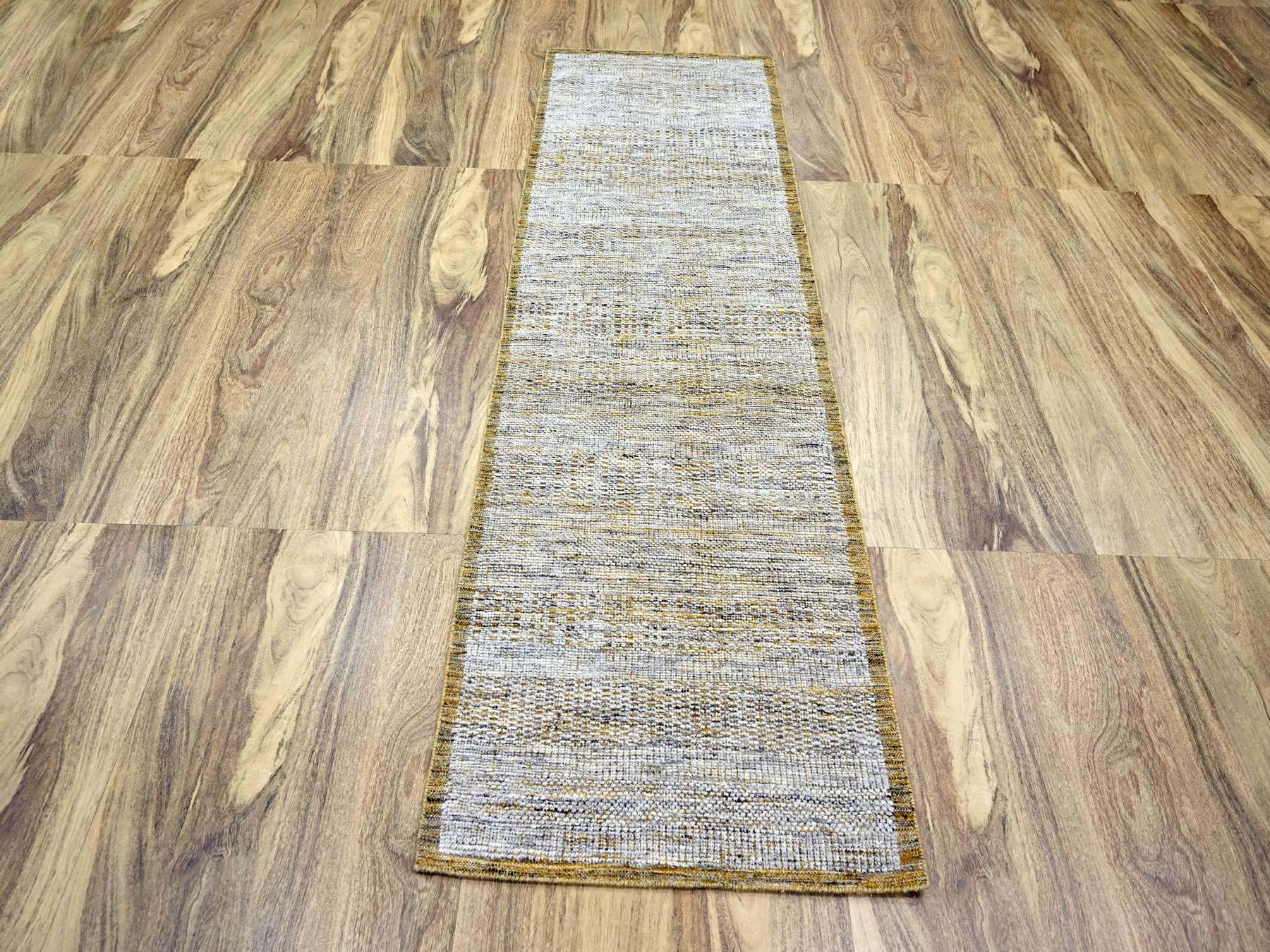 2'8"x8'2" Mustard Yellow, Oxidized and Distressed Grass Design with Exposed Warps, Natural Wool, Hand Knotted, Runner, Oriental Rug HR76273 - Image 2