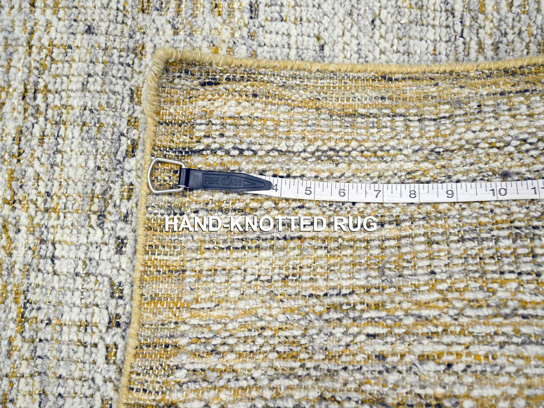 2'8"x8'2" Mustard Yellow, Oxidized and Distressed Grass Design with Exposed Warps, Natural Wool, Hand Knotted, Runner, Oriental Rug HR76273 - Image 7