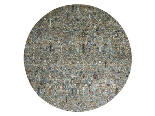 9'10"x9'10" Basil Green, Hand Knotted, Trellis Borderless Garden Design, Agra, Hand Spun New Zealand Wool, Round, Oriental Rug HR76791