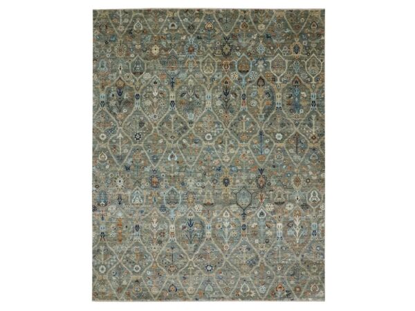 8'1"x10' Camouflage Green, Trellis Borderless Garden Design, Agra, Hand Knotted, Hand Spun New Zealand Wool, Oriental Rug HR76801
