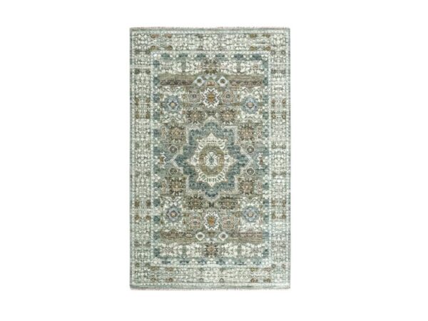 3'x5'1" Sage Green, Hand Knotted, Pure Wool, Pre Historic 14th Century Influence, Mamluk Design, Natural Dyes, Oriental Rug HR76822
