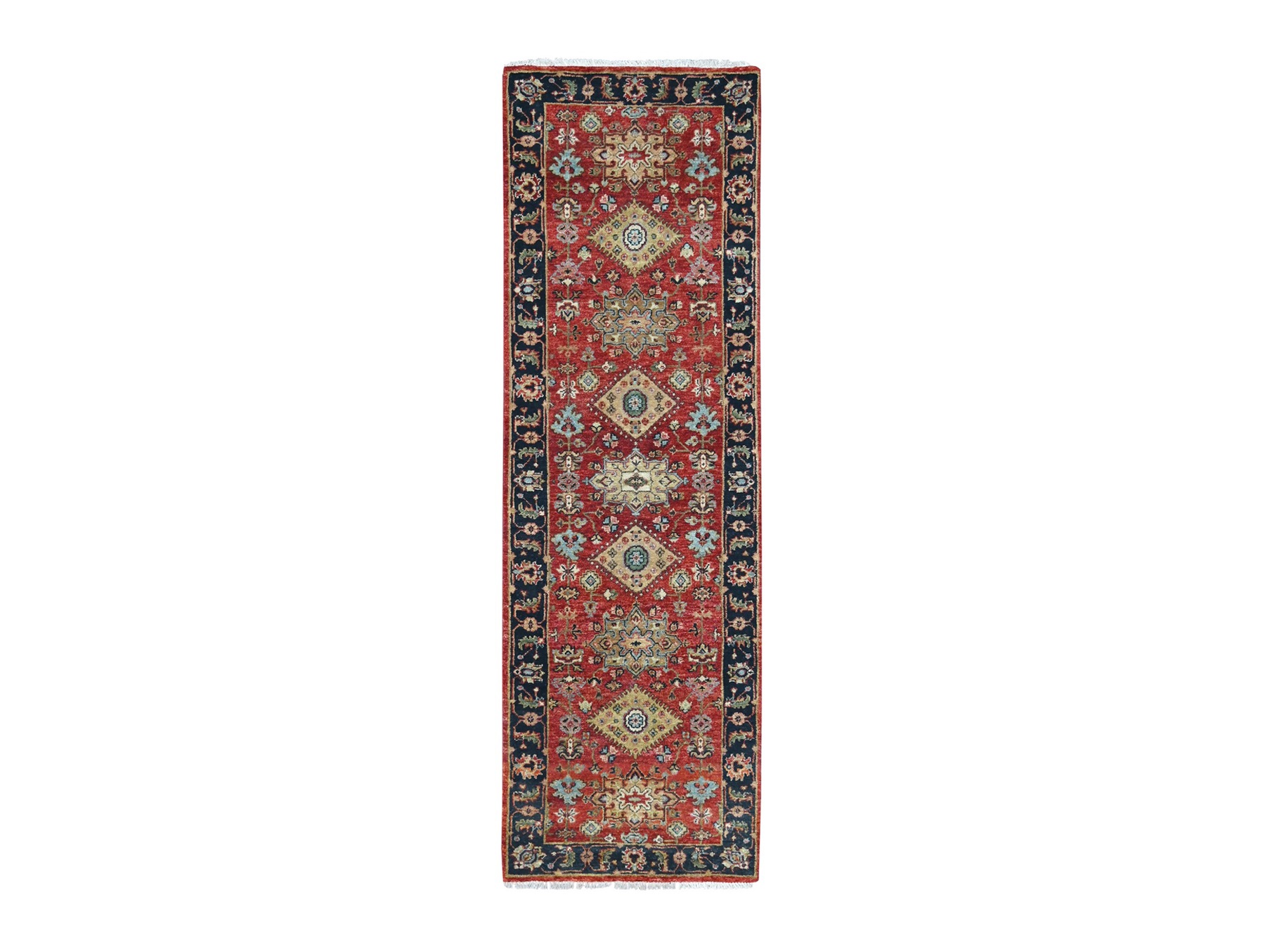 2'7"x8'2" Crimson Red, Karajeh Design with Geometric Medallions, Hand Knotted, Soft Wool, Runner, Oriental Rug HR10295