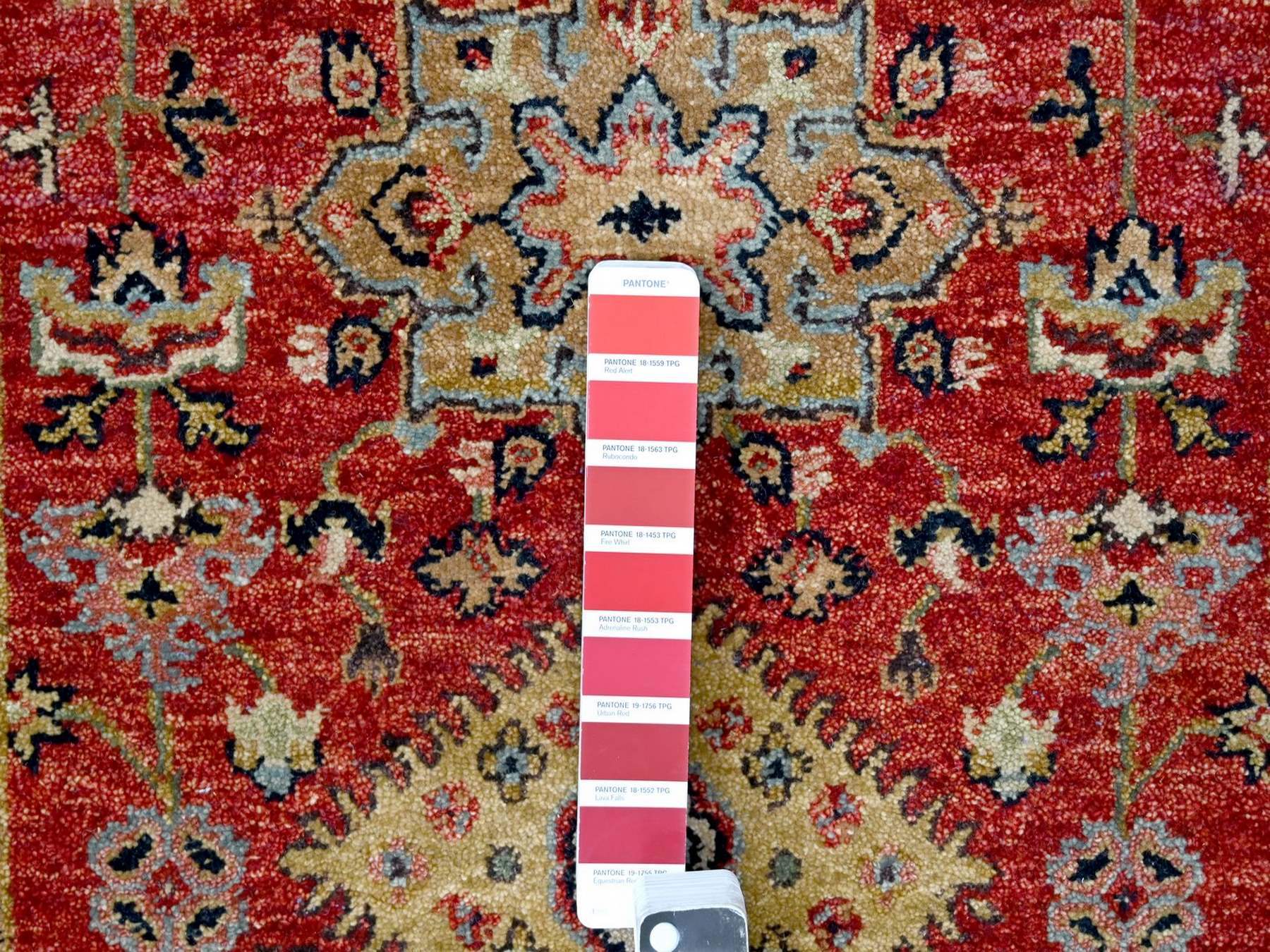 2'7"x8'2" Crimson Red, Karajeh Design with Geometric Medallions, Hand Knotted, Soft Wool, Runner, Oriental Rug HR10295 - Image 4