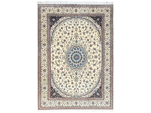 8'6"x11'8" Chiffon White, Persian Nain with Flower Medallion Design, 400 KPSI, Wool and Silk, Hand Knotted, Oriental Rug HR1458