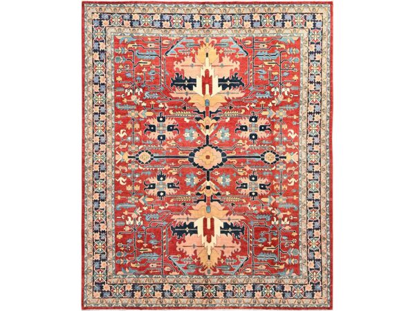7'10"x9'7" Chili Red, Afghan Peshawar with Heriz All Over Design, Hand Knotted, Soft Wool, Densely Woven, Oriental Rug HR1507