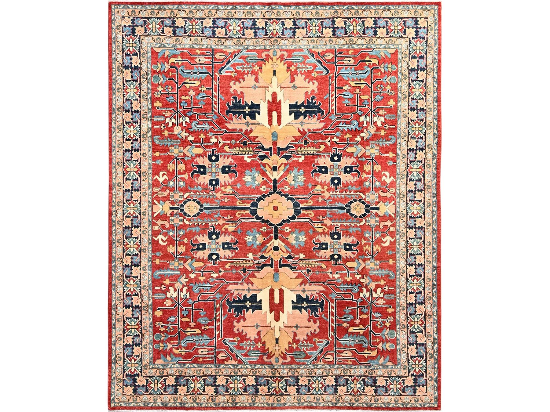 7'10"x9'7" Chili Red, Afghan Peshawar with Heriz All Over Design, Hand Knotted, Soft Wool, Densely Woven, Oriental Rug HR1507
