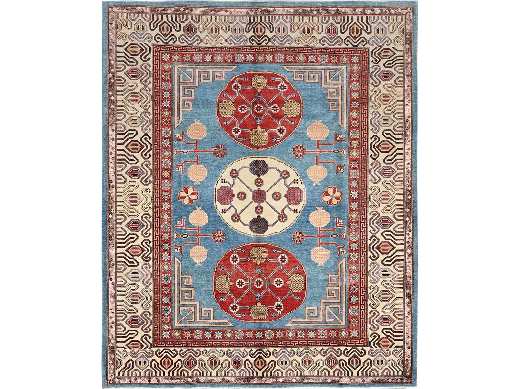 8'x9'9" Fjord Blue, Afghan Special Kazak with Samarkand Pomegranate Design, Pure Wool, Hand Knotted, Densely Woven, Vegetable Dyes, Oriental Rug HR1516