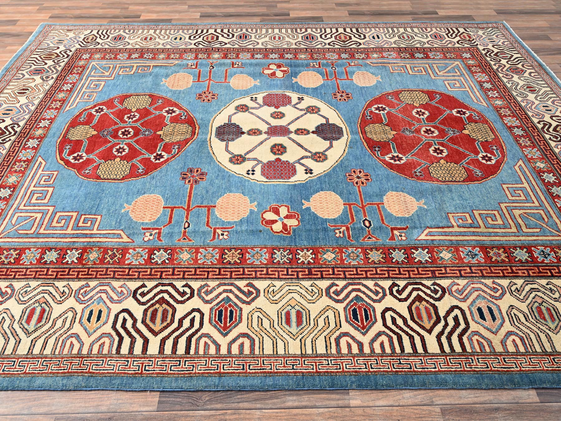 8'x9'9" Fjord Blue, Afghan Special Kazak with Samarkand Pomegranate Design, Pure Wool, Hand Knotted, Densely Woven, Vegetable Dyes, Oriental Rug HR1516 - Image 4
