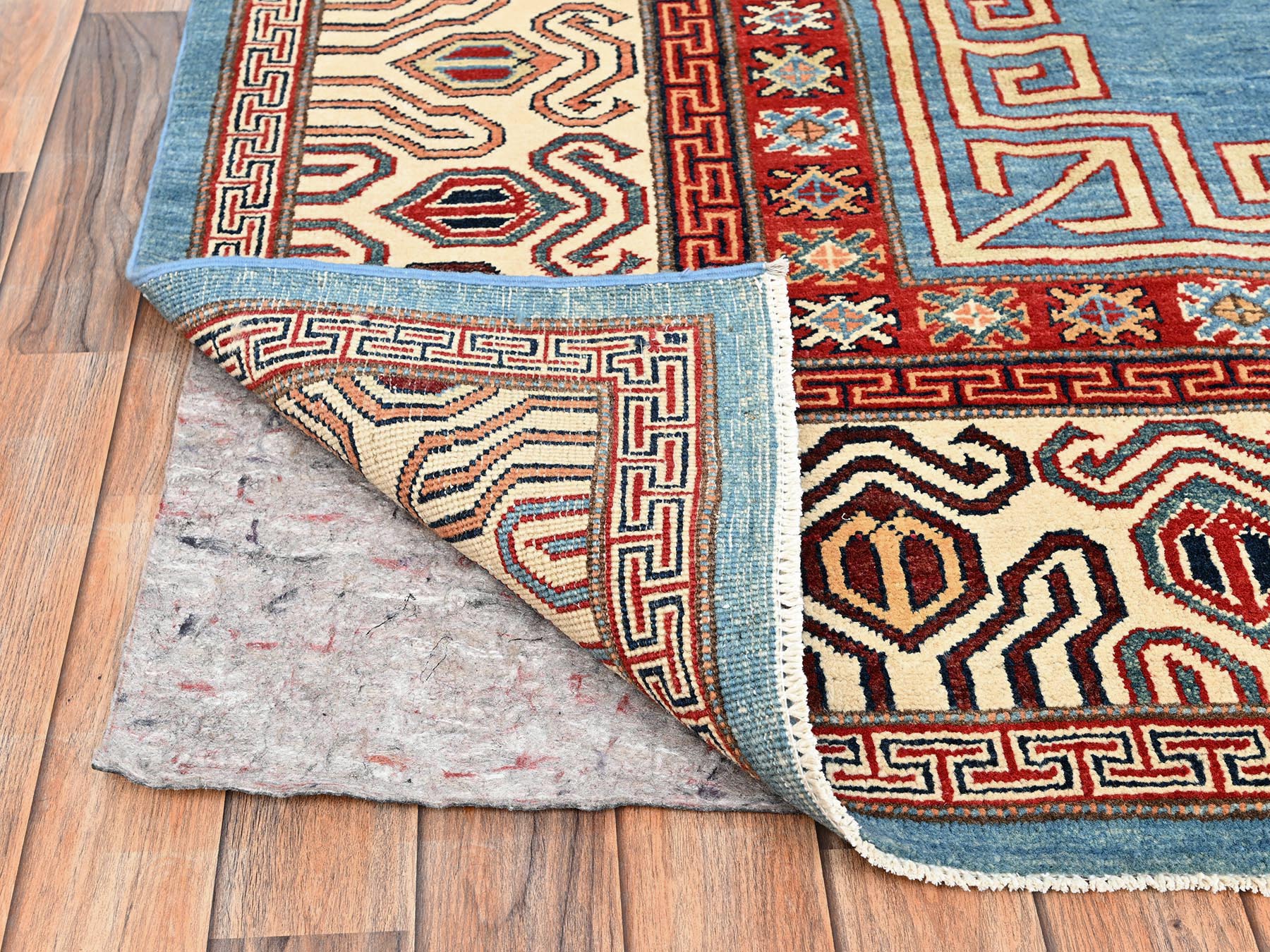 8'x9'9" Fjord Blue, Afghan Special Kazak with Samarkand Pomegranate Design, Pure Wool, Hand Knotted, Densely Woven, Vegetable Dyes, Oriental Rug HR1516 - Image 5