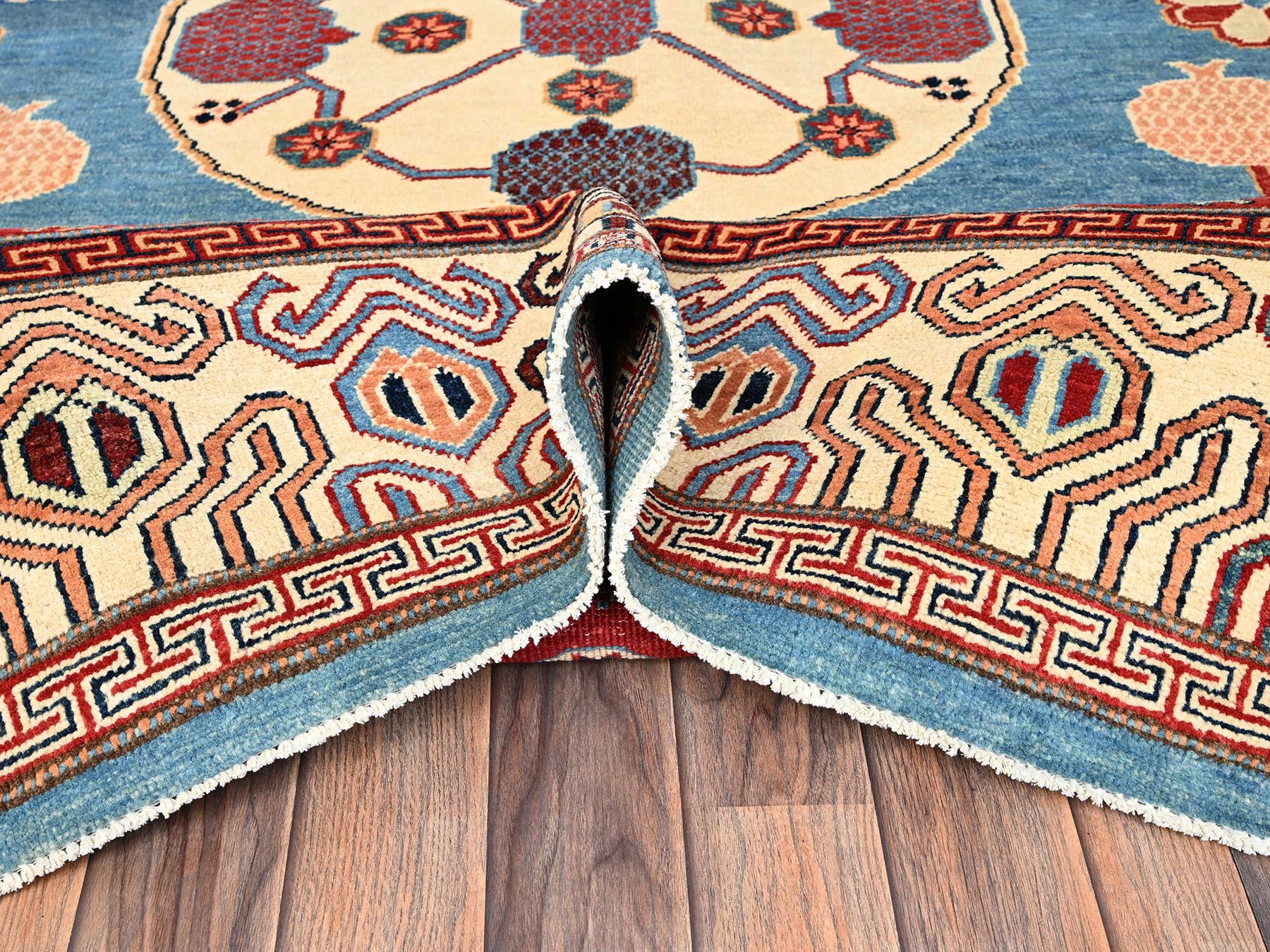 8'x9'9" Fjord Blue, Afghan Special Kazak with Samarkand Pomegranate Design, Pure Wool, Hand Knotted, Densely Woven, Vegetable Dyes, Oriental Rug HR1516 - Image 6