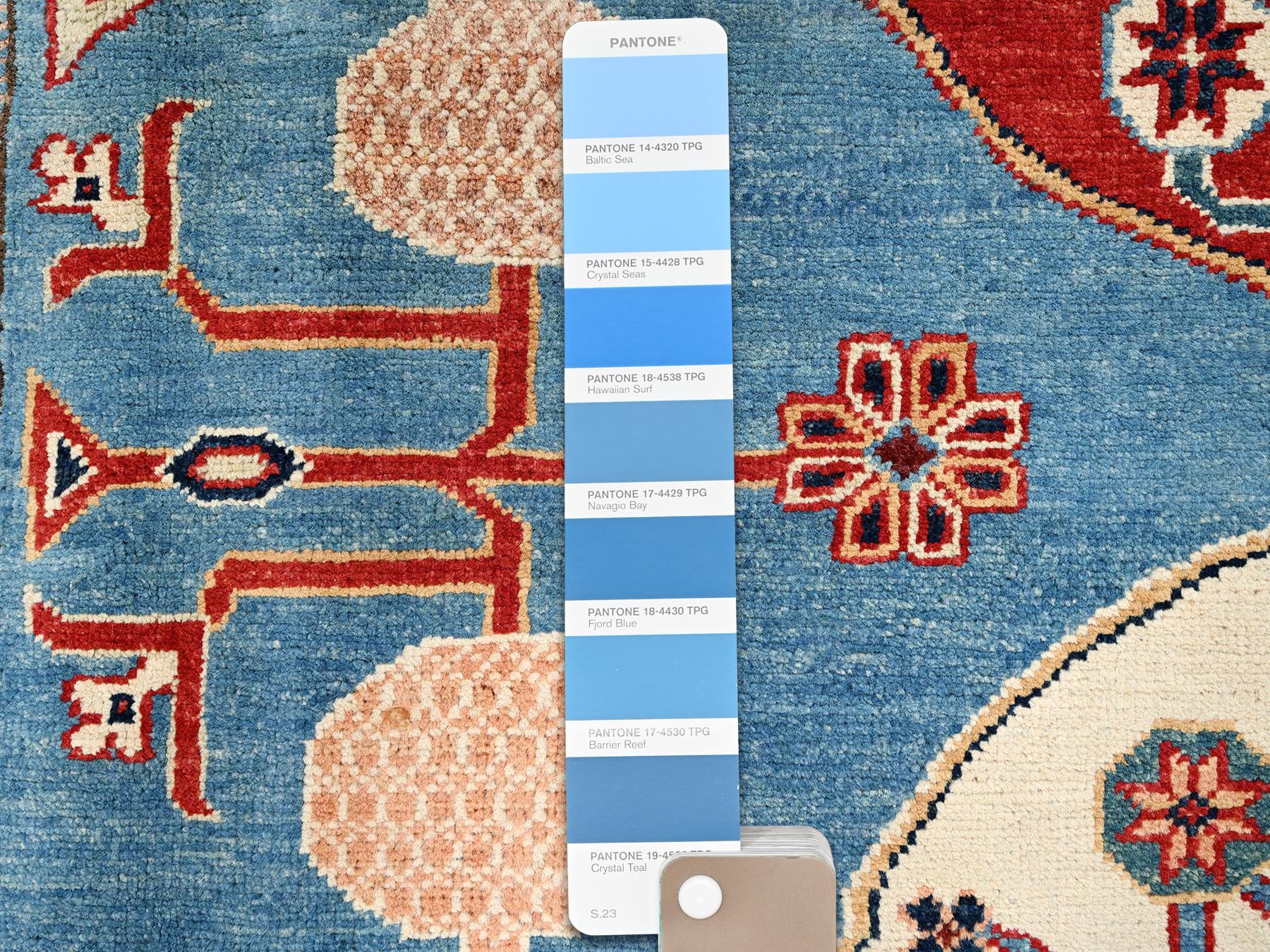 8'x9'9" Fjord Blue, Afghan Special Kazak with Samarkand Pomegranate Design, Pure Wool, Hand Knotted, Densely Woven, Vegetable Dyes, Oriental Rug HR1516 - Image 8
