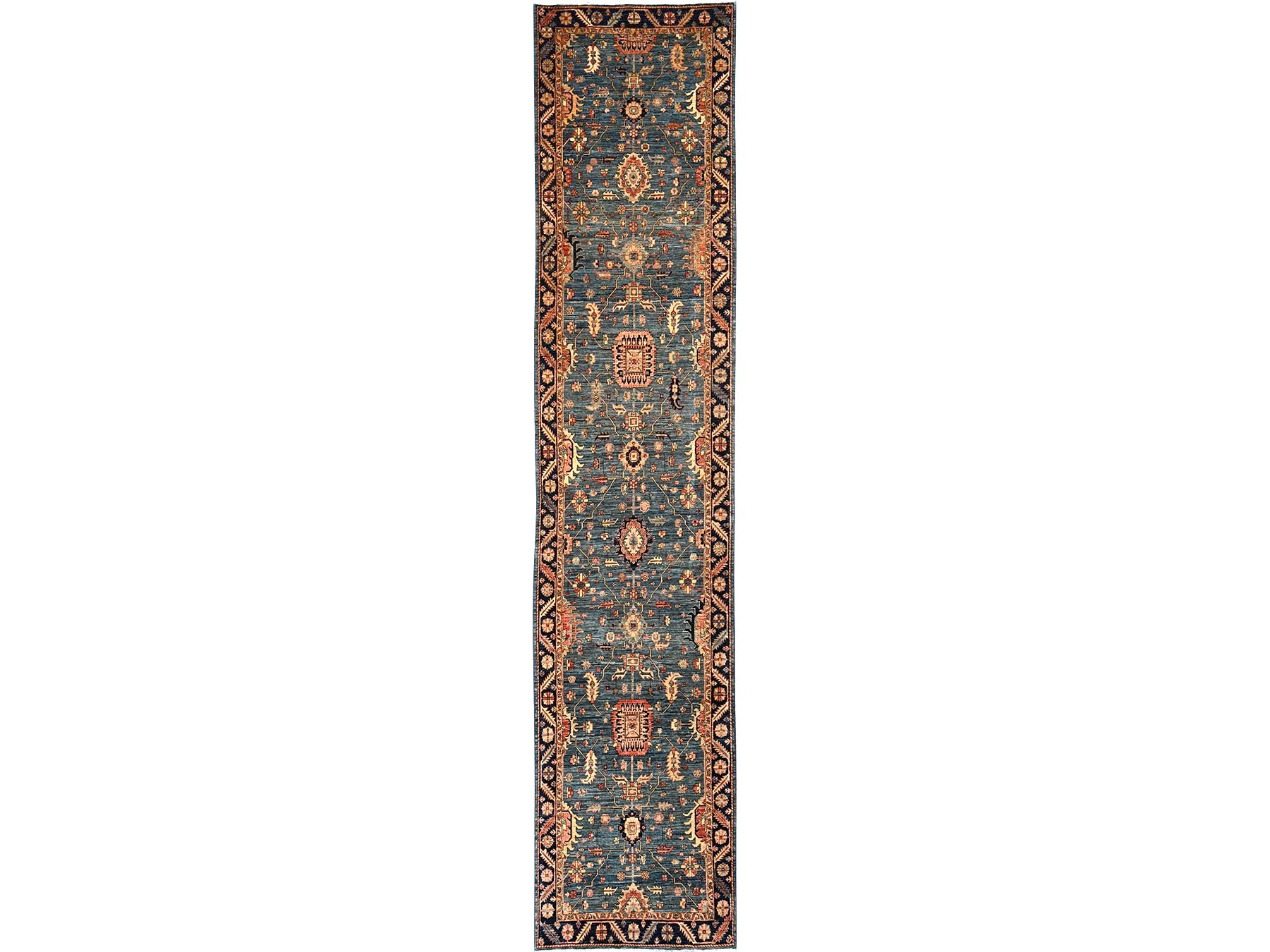 4'3"x19' Stone Blue, Heriz All Over Design, Aryana Collection, High Mountain Wool, Hand Knotted, Soft Pile, Densely Woven, Vegetable Dyes, XL, Wide Runner, Oriental Rug HR1632