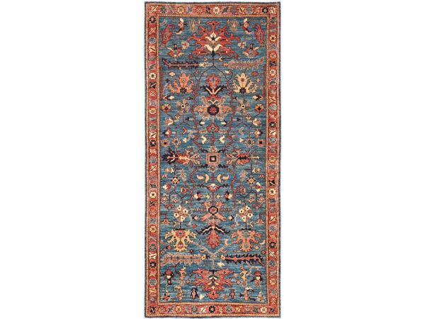 4'1"x9'7" Sailor Blue, Heriz All Over Design, Aryana Collection, Vegetable Dyes, Hand Knotted, Soft Pile, High Mountain Wool, Densely Woven, Wide Runner, Oriental Rug HR1634