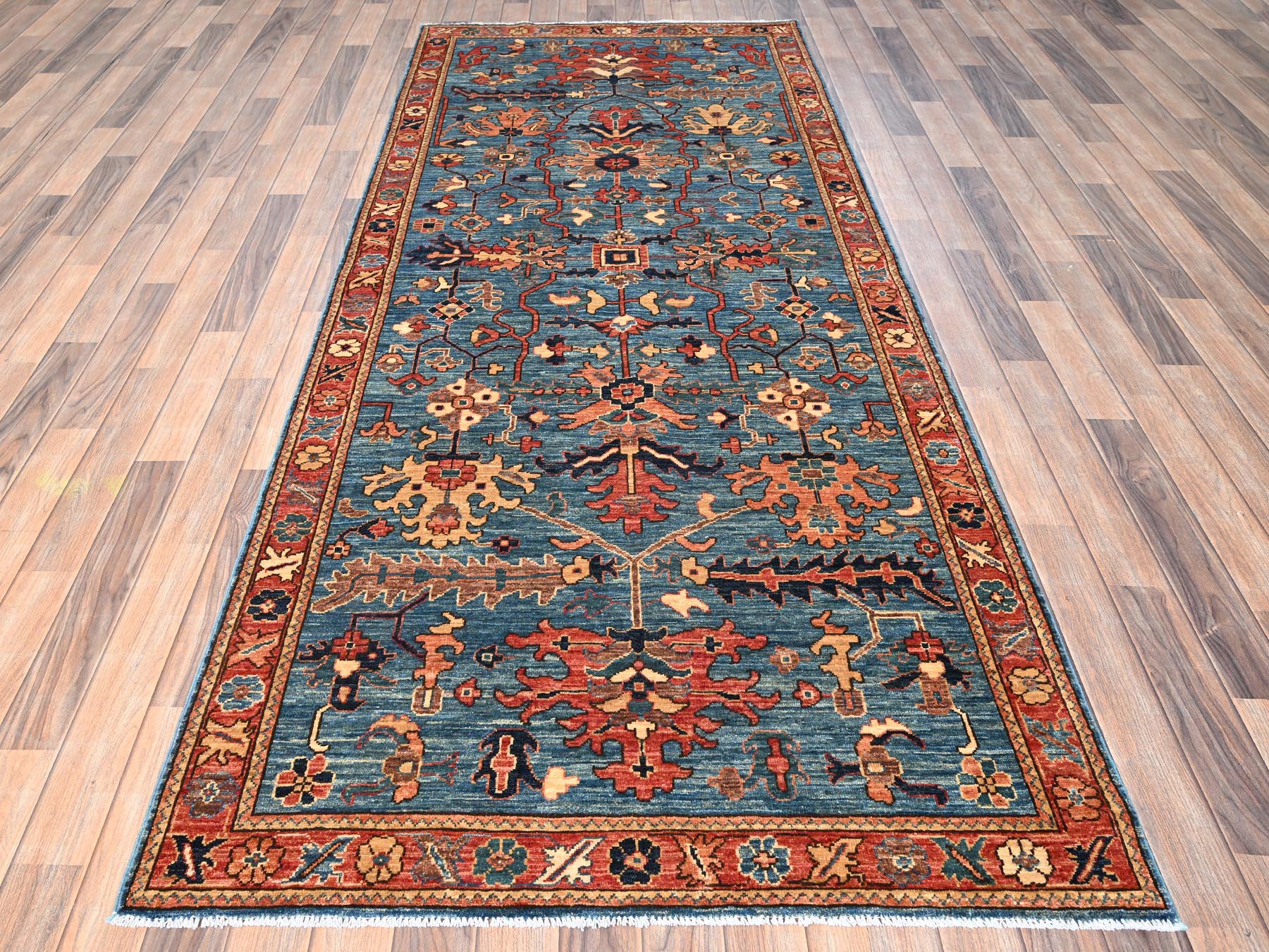 4'1"x9'7" Sailor Blue, Heriz All Over Design, Aryana Collection, Vegetable Dyes, Hand Knotted, Soft Pile, High Mountain Wool, Densely Woven, Wide Runner, Oriental Rug HR1634 - Image 2