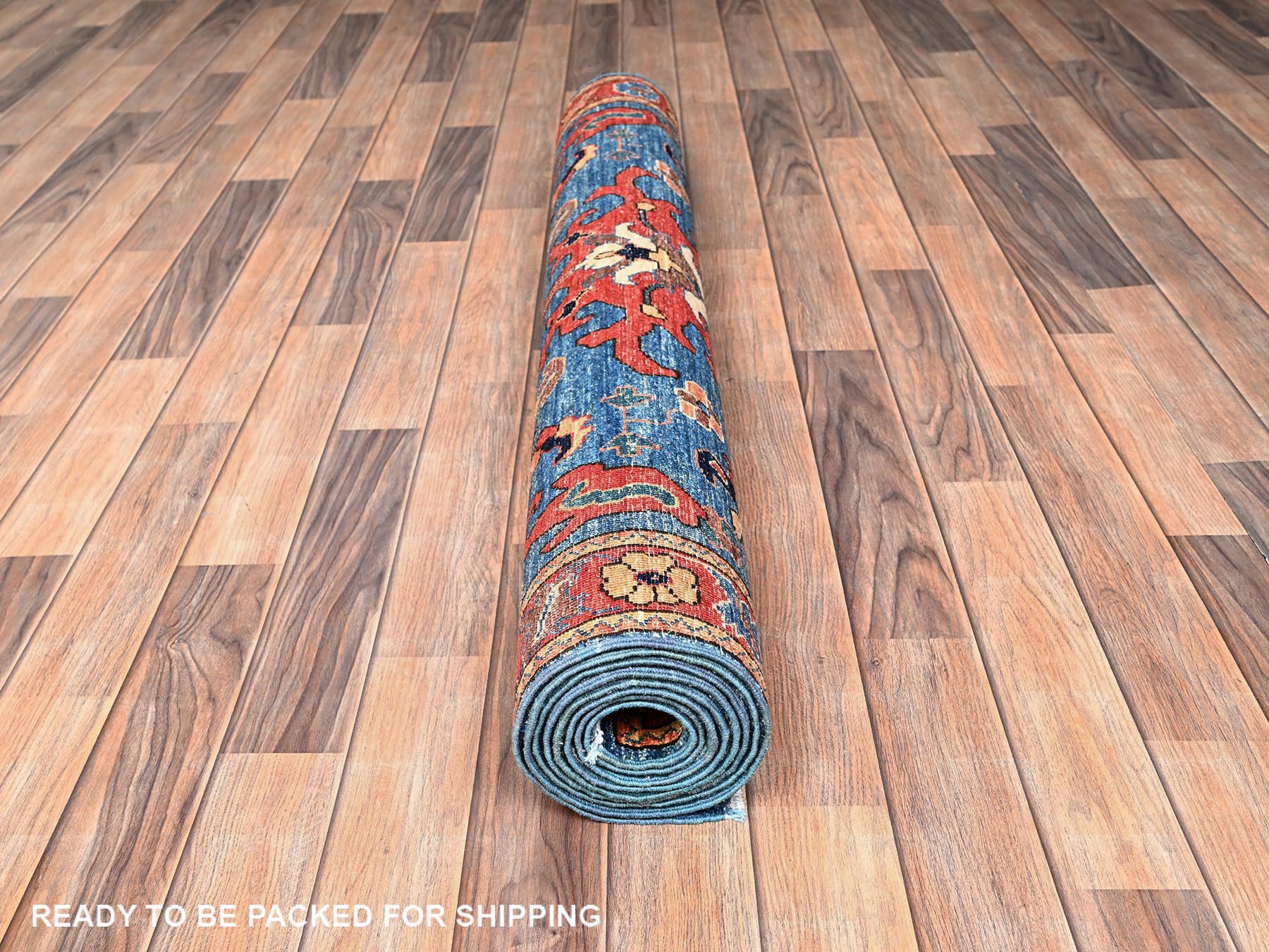 4'1"x9'7" Sailor Blue, Heriz All Over Design, Aryana Collection, Vegetable Dyes, Hand Knotted, Soft Pile, High Mountain Wool, Densely Woven, Wide Runner, Oriental Rug HR1634 - Image 5
