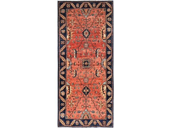 4'x9'3" Rust Red, Hand Knotted, Heriz All Over Design, Aryana Grade, Vegetable Dyes, High Mountain Wool, Soft Pile, Densely Woven, Wide Runner, Oriental Rug HR1642