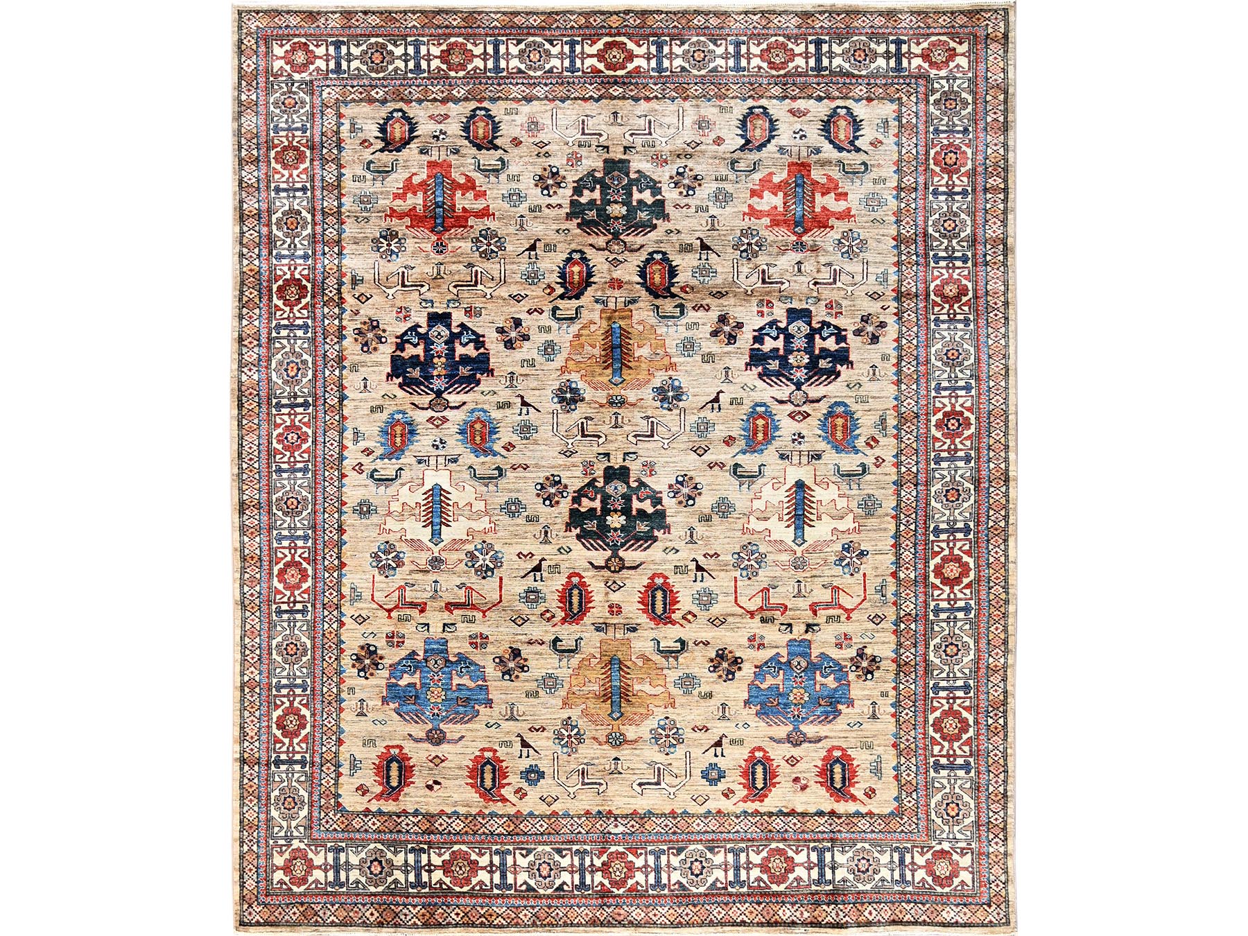 8'3"x9'9" Beige, Hand Knotted, Afghan Super Kazak with Geometric Medallions Design, Pure Wool, Vegetable Dyes, Oriental Rug HR1822