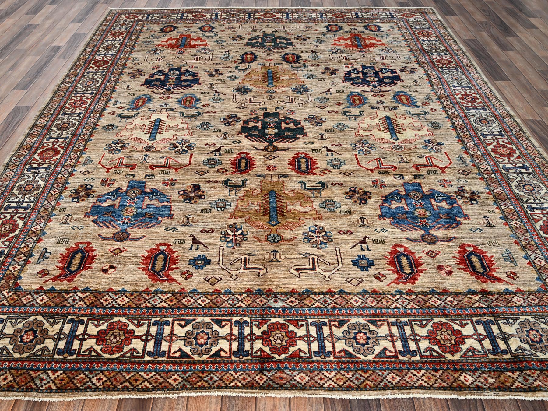 8'3"x9'9" Beige, Hand Knotted, Afghan Super Kazak with Geometric Medallions Design, Pure Wool, Vegetable Dyes, Oriental Rug HR1822 - Image 2