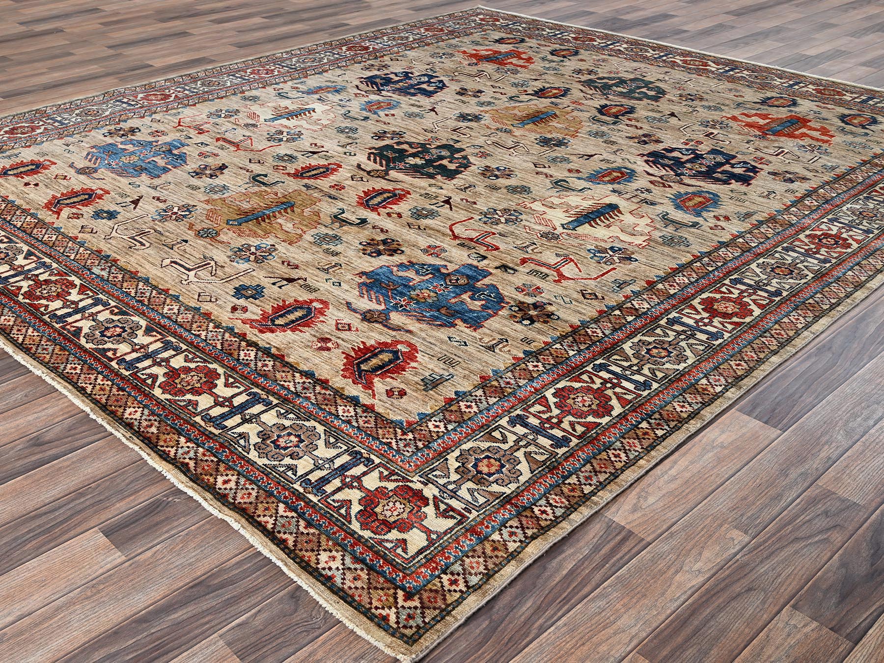 8'3"x9'9" Beige, Hand Knotted, Afghan Super Kazak with Geometric Medallions Design, Pure Wool, Vegetable Dyes, Oriental Rug HR1822 - Image 3